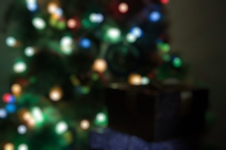 christmas lights hanging in a tree creating a wonderful bokeh of lights