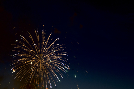 Beautiful colorful holiday fireworks in the evening sky with majestic clouds,  long exposureの写真素材