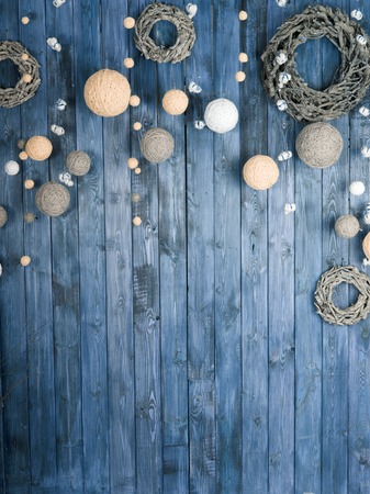 Christmas wooden background with snow fir tree. View with copy spaceの写真素材