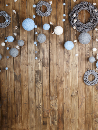 Christmas wooden background with snow fir tree. View with copy spaceの写真素材
