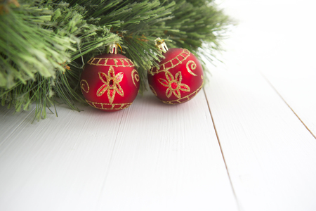 Christmas Decoration Over Wooden Background. Decorations over Wood. Vintageの写真素材