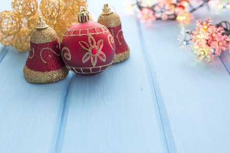Christmas decoration on old grunge wooden board. Wood board table.の写真素材