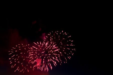 Beautiful colorful holiday fireworks on the black sky background,  long exposure