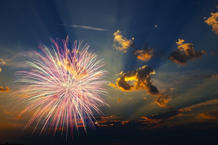 Gorgeous multi-colored fireworks display on dark background, with copyspaceの写真素材