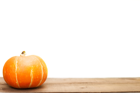 One orange pumpkin on a white wooden table over white background.の写真素材