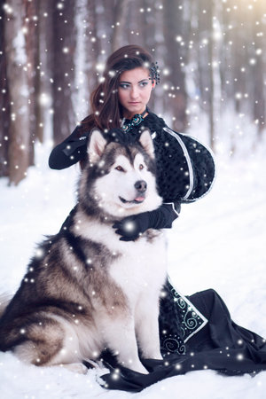 Attractive woman with the dogs. Fairy tale girl with Huskies or Malamute. Christmas.の写真素材