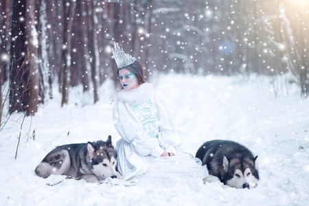 Snow queen in winter. Fairy tale girl with Huskies or Malamute. Beautiful snow queen witn dogs.の写真素材