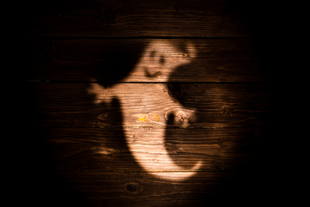 Halloween background with shadow of ghost on wooden background.の写真素材