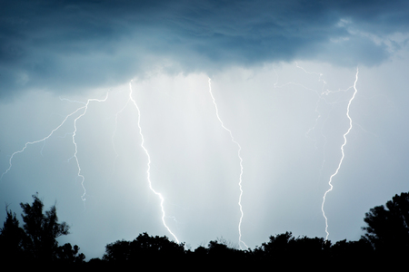 Huge fork lightnings and thunder during heavy summer storm. Night thunder-stormの写真素材
