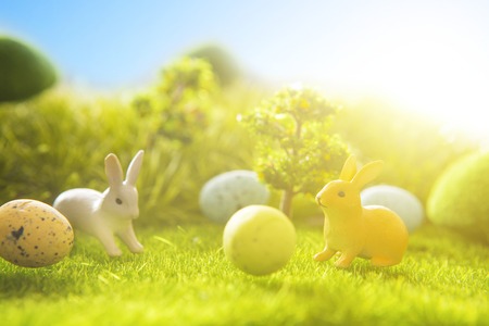 Decorated easter eggs with easter rabbit on grass over sky background.の写真素材