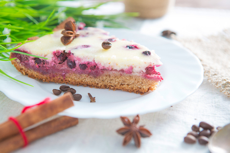 Cottage cheese pie with cherries on table. Delicious curd berry dessertの写真素材