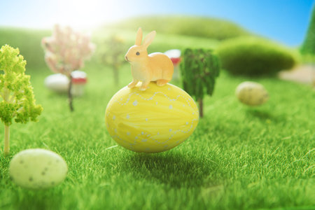 Yellow easter egg spring meadow with rabbit and easter eggs. Fairy tale