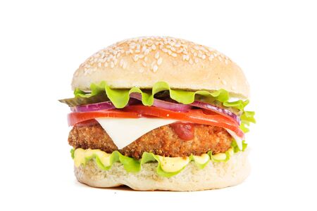 Delicious fast food. Big cheeseburger isolated on white backgroundの写真素材