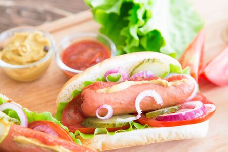 Delicious fast food. Barbecue grilled hot dogの写真素材