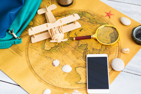 Let's go to new adventures and discoveries. Travel accessories. World map, watches, aircraft and...