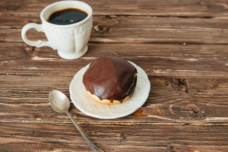 chocolate frosted doughnut on plate with hot coffee on wooden table