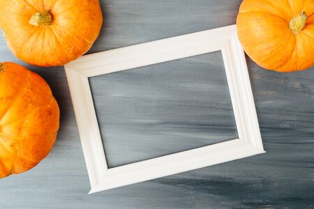 Thanksgiving season still life with orange pumpkins and with white frame for picture over rustic gray wood background Thanksgiving and Halloween concept. Copy space for text and designの写真素材