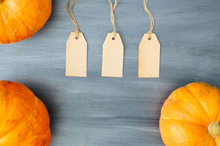 Thanksgiving background. Pumpkin with three tags on gray wood table background with copy space. Thanksgiving and Halloween concept. View from above. Top view. Copy space for text and designの写真素材