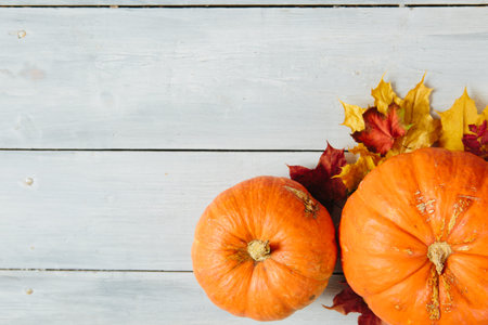 Thanksgiving background: pumpkins and fallen leaves on wooden background. Thanksgiving and Halloween...