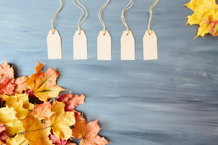 Five brown blank paper price tags or labels set hanging on a rope with dry yellow autumn leaves on...
