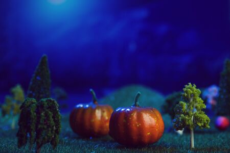 Spooky forest with moon and wooden table. Halloween background. Halloween background. Fairy tale. Macro. Artificial magic dreamy world.の写真素材