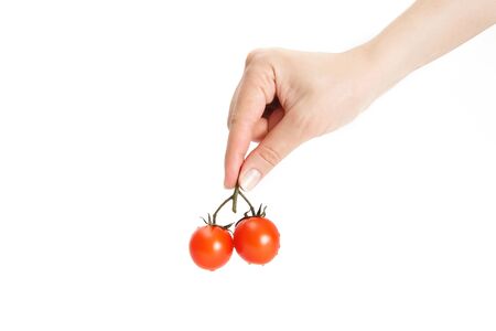 Female hand holding a delicious red tasty tomatoes on white backgroundの写真素材