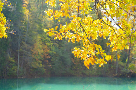 Blue mountain lake in autumn. Beautiful autumn morning