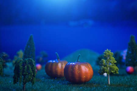 Halloween Pumpkins in a forest in a clearing in the moonlight Halloween background. Fairy tale. Macro. Artificial magic dreamy worldの写真素材