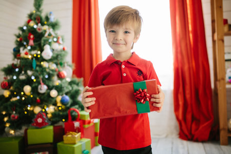 Cute little boy of about five year with a gift in a decorated Christmas room with a xmas tree