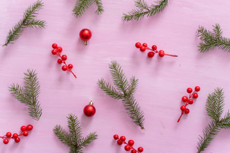 Christmas wooden background with red christmas tree toys and balls