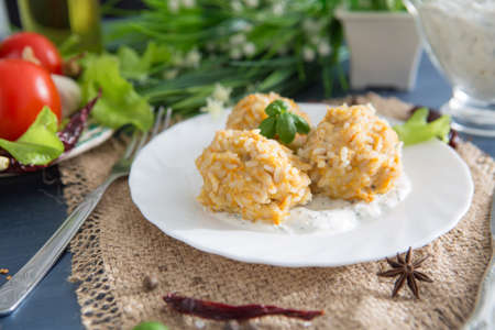 Home meatballs with spices on concrete backgroundの写真素材