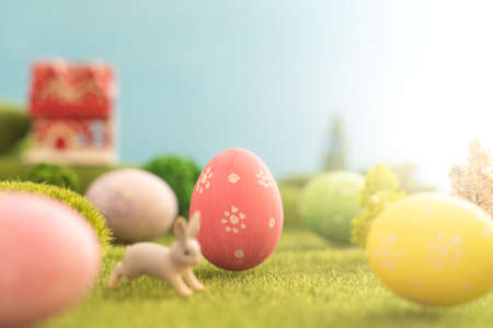Easter egg outside in grass with evening sun from behindの写真素材