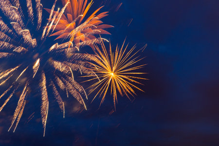 Brightly colorful fireworks and salute of various colors in the night sky. Independence Day, 4th of July, Fourth of July or New Year.の写真素材