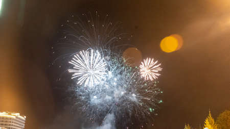 Fireworks against the dark sky. Celebrating New Year or Independence Dayの写真素材