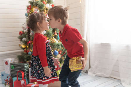 Boy gives a Christmas present to a girl in a bright sunny roomの写真素材