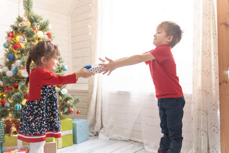 Boy gives a Christmas present to a girl in a bright sunny roomの写真素材