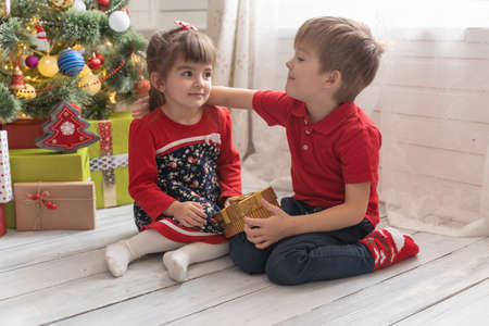 Boy gives a Christmas present to a girl in a bright sunny roomの写真素材