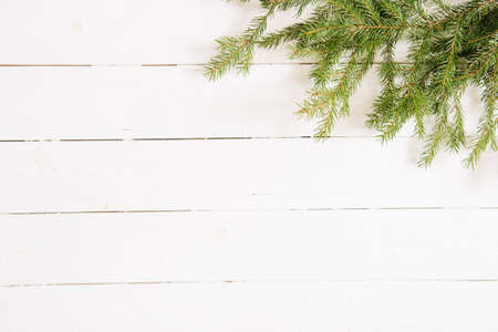 Christmas or New Year background. Fir branches, flat lay, blank space for a greeting textの写真素材