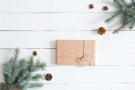 Christmas or New Year background. Fir branches with gift.の写真素材