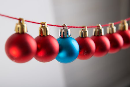 Line of red and blue christmas balls. Christmas decorationsの写真素材