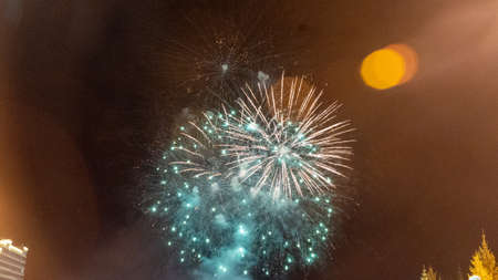 Fireworks against the dark sky. Celebrating New Year or Independence Dayの写真素材