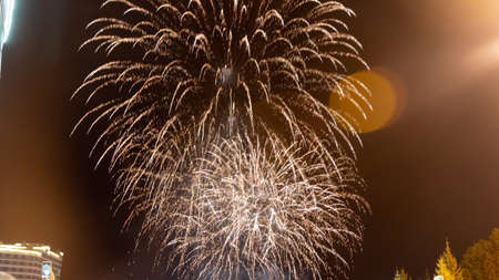 Fireworks against the dark sky. Celebrating New Year or Independence Dayの写真素材