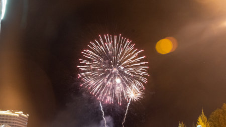 Fireworks against the dark sky. Celebrating New Year or Independence Dayの写真素材