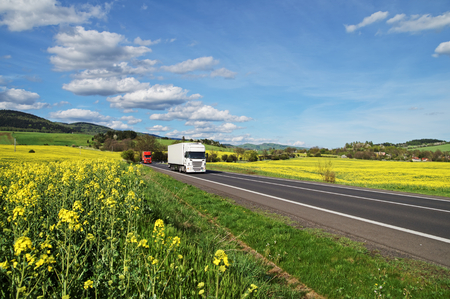 Trucks driving along the asphalt road between rapeseed fields. Wooded mountains in the background. Blue sky with white clouds.の写真素材