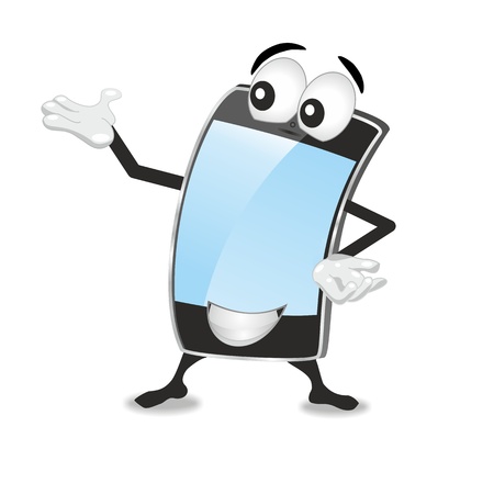 smartphone or cellphone mascot smiling cartoon with arms and hands  character for mcommerce or ecommerce and mobile internet shopping の写真素材
