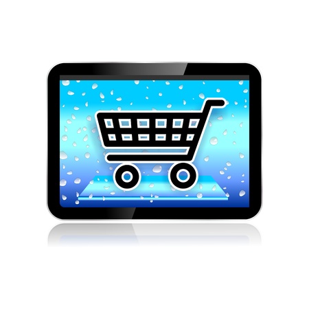 tablet pc or pad illustration with shopping cart or trolley, mobile shopping iconの写真素材