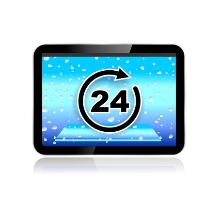 tablet pc or pad illustration with clock, 24 7 iconの写真素材