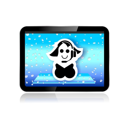 tablet pc or pad illustration with telemarketing operator, support iconの写真素材