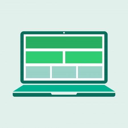 Illustration of a laptop computer with blank rectangles showing on monitor   Green stylized concept with flat design の写真素材