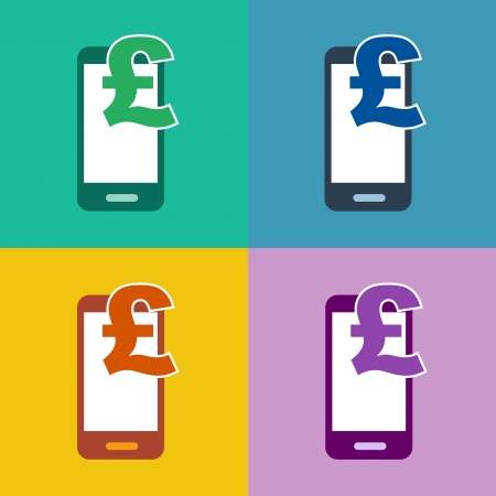 m-commerce flat design smartphone icon for mobile shopping and payment with cellphone and pound sterling currency symbol in 4 different trend colorsの写真素材